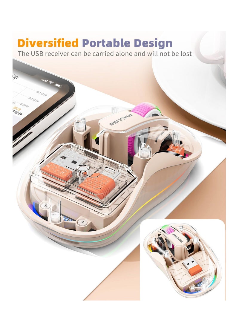 Wireless Mouse, Wireless Gaming Mouse, Silent Mouse with RGB Lights, 5.1 Bluetooth Mouse, Dual Bluetooth, USB  Type-C 2.4G 2400 DPI, Transparent Mouse for Laptop/Desktop PC, Milk Tea Color - Image 3