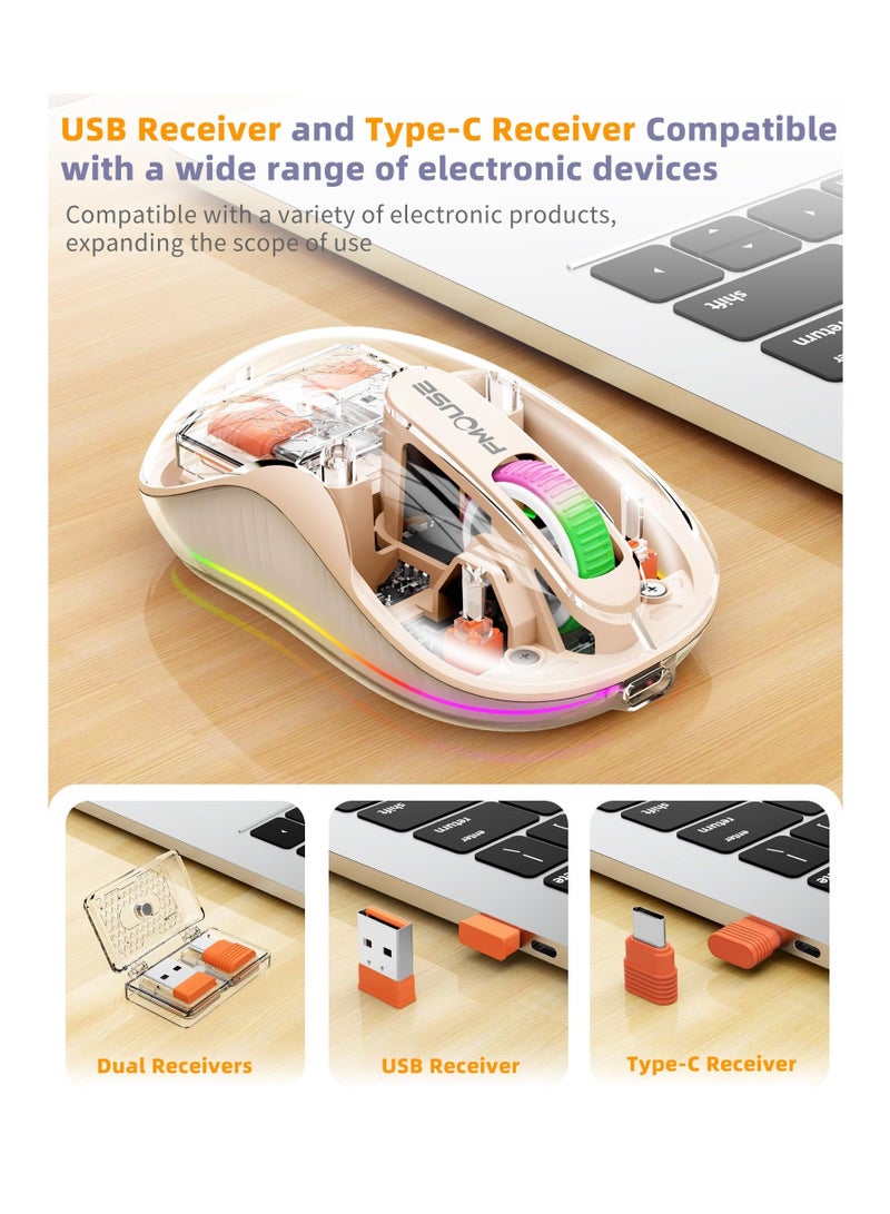 Wireless Mouse, Wireless Gaming Mouse, Silent Mouse with RGB Lights, 5.1 Bluetooth Mouse, Dual Bluetooth, USB  Type-C 2.4G 2400 DPI, Transparent Mouse for Laptop/Desktop PC, Milk Tea Color - Image 2
