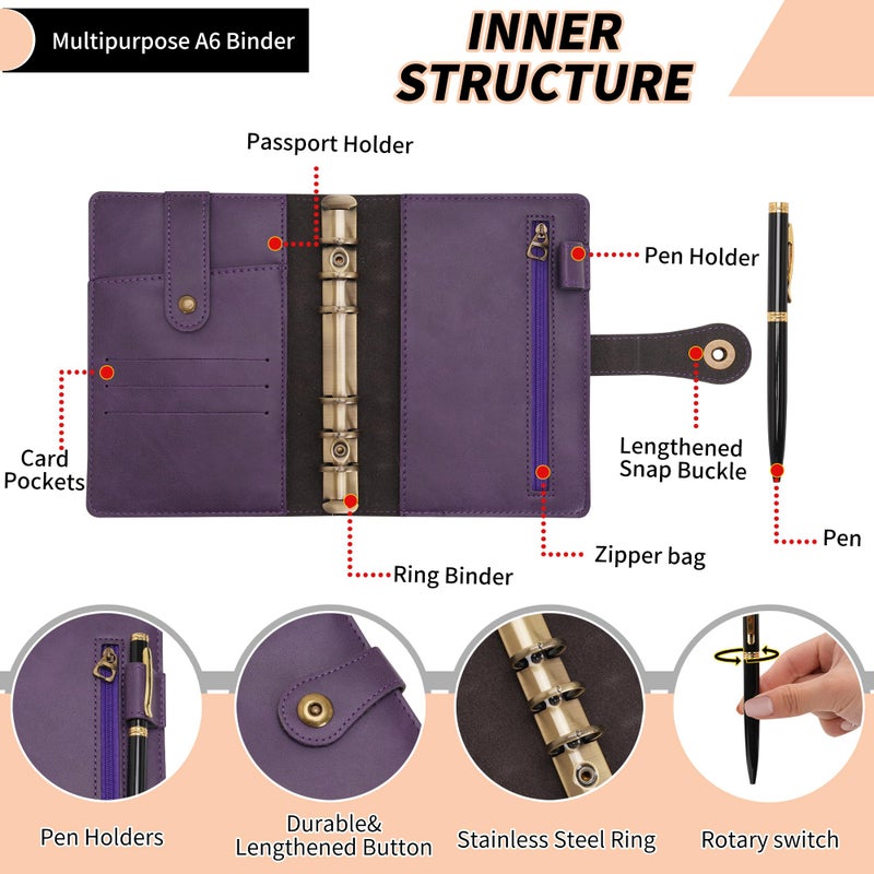 Wonderpool A6 Binder Journal Leather Spiral Notebook Refillable College Ruled Paper, Budget Binder Rings Diary Organizer with Pen for Office School Travel Business Planning Writing (Purple,A6) - Image 5