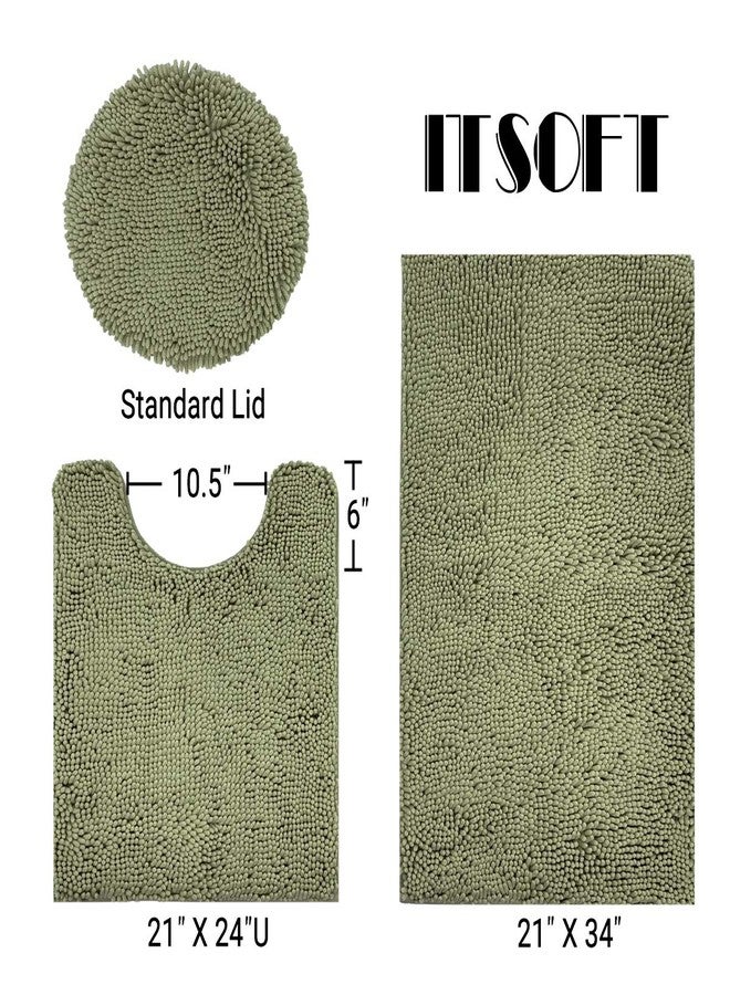 ITSOFT 3pc Non-Slip Shaggy Bathroom Mat Set, Includes 24 x 21 Inches U-Shaped Contour Toilet Rug, 34 x 21 Inches Bathmat and 1 Toilet Lid Cover, Sage Green - Image 3