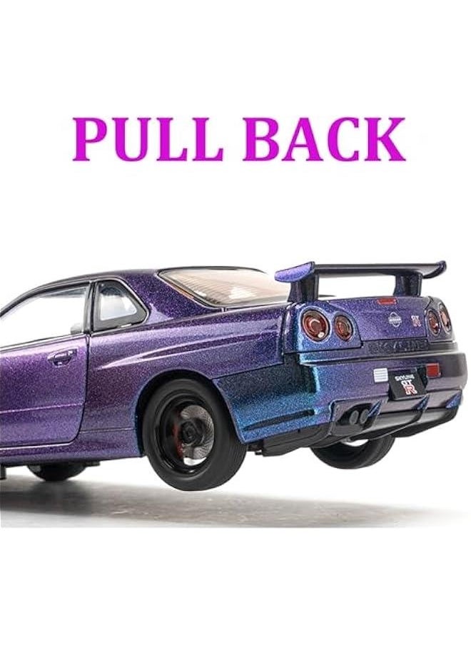 Generic - Toy Car Nissan Skyline GTR R34 1/32 Die-cast Toy Cars Metal Model Car Toys with Light and Sound Pull Back Collectible Model for Children Age 3 + Year Old Festival Gift(Gradient Purple) - Image 1