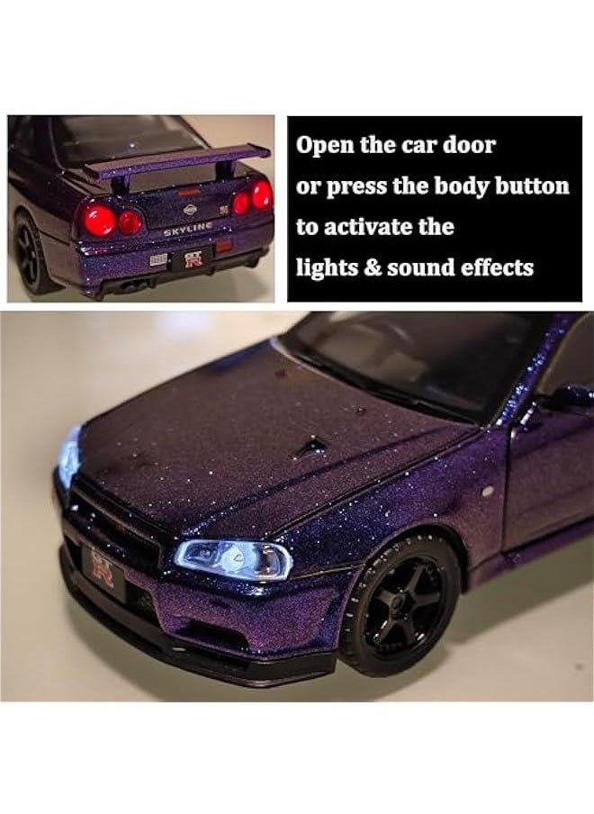 Generic - Toy Car Nissan Skyline GTR R34 1/32 Die-cast Toy Cars Metal Model Car Toys with Light and Sound Pull Back Collectible Model for Children Age 3 + Year Old Festival Gift(Gradient Purple) - Image 1