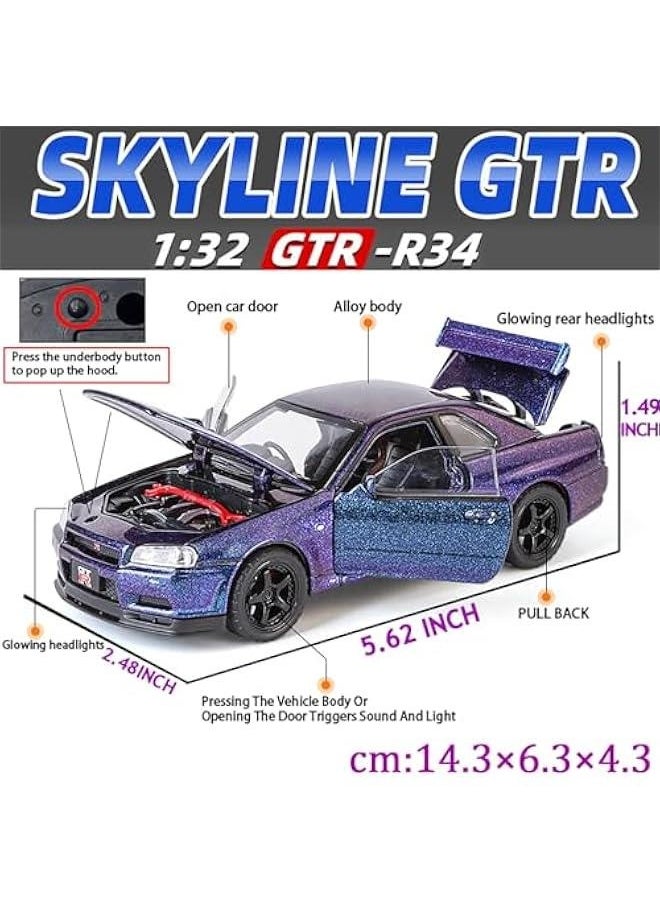 Generic - Toy Car Nissan Skyline GTR R34 1/32 Die-cast Toy Cars Metal Model Car Toys with Light and Sound Pull Back Collectible Model for Children Age 3 + Year Old Festival Gift(Gradient Purple) - Image 1