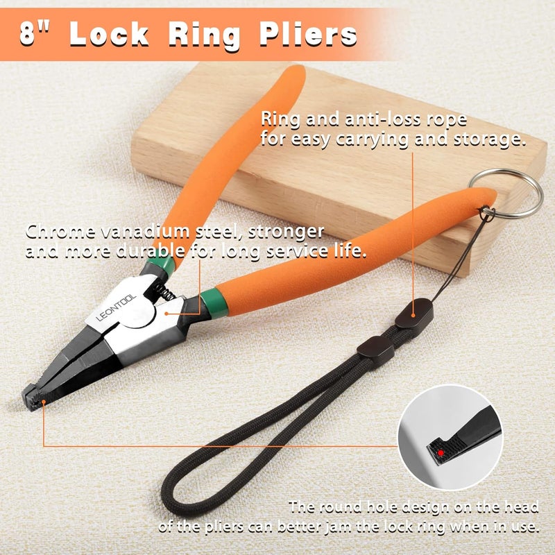 LEONTOOL 8-Inch Lock Ring Pliers Flat Snap Ring Pliers with Ring and Anti-loss Rope Special Circlip Pliers Reverse Pliers Retaining Ring Pliers Spreader Pliers for Transmission Transfer Cases - Image 2