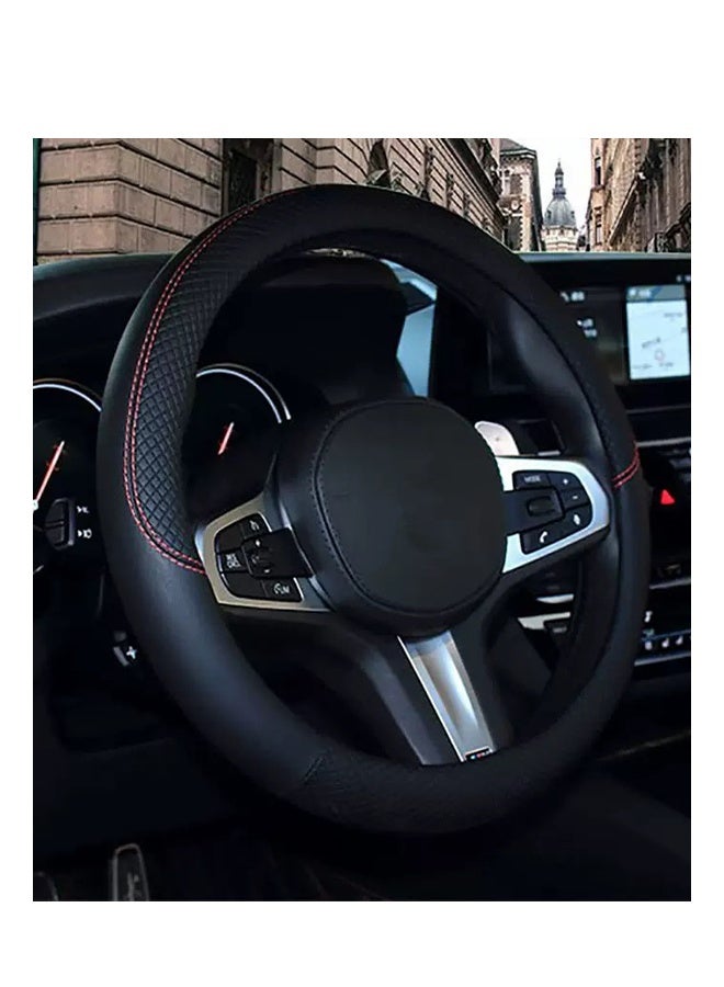 غطاء عجلة قيادة سيارة رياضي غير قابل للانزلاق - أحمر وأسود، مقاس عالمي، جلد PU ذو قبضة ناعمة - Image 2