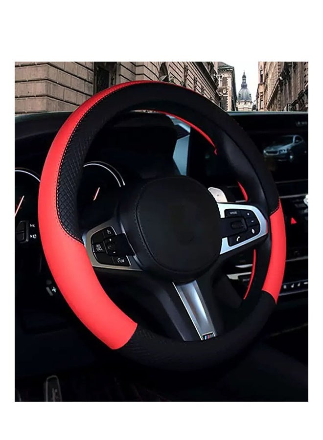 غطاء عجلة قيادة سيارة رياضي غير قابل للانزلاق - أحمر وأسود، مقاس عالمي، جلد PU ذو قبضة ناعمة - Image 1
