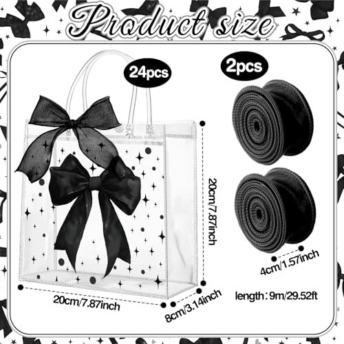 Wesnoy 24 Pcs Black Bow Clear PVC Gift Bags with Handles Coquette Bowknot Party Favor Candy Treat Tote Bags for Birthday Party Supplies Bow - Image 3