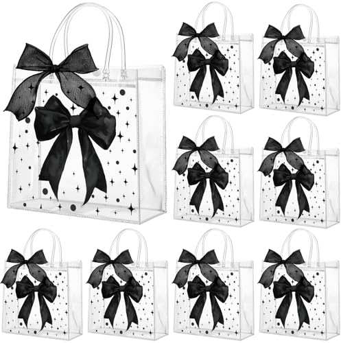 Wesnoy 24 Pcs Black Bow Clear PVC Gift Bags with Handles Coquette Bowknot Party Favor Candy Treat Tote Bags for Birthday Party Supplies Bow - Image 1