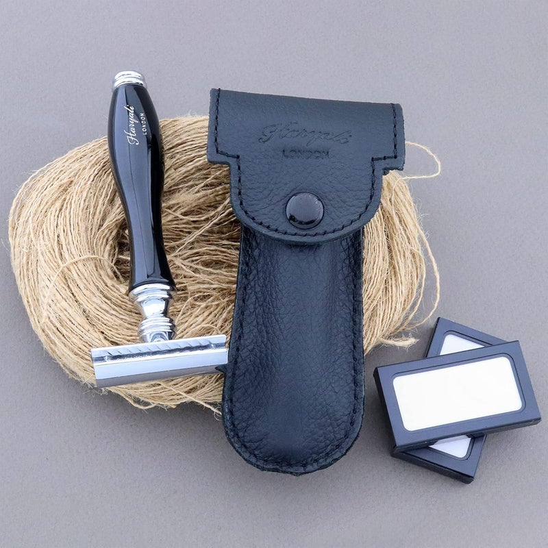 Haryali London Double Edge Safety Razor with Leather Pouch Reusable Travel Safety Razor for Men Women DE Razor for Close Smooth Shave Wet Shaving Razor Black - Image 3
