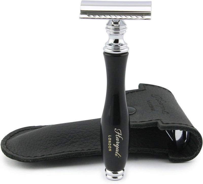 Haryali London Double Edge Safety Razor with Leather Pouch Reusable Travel Safety Razor for Men Women DE Razor for Close Smooth Shave Wet Shaving Razor Black - Image 2
