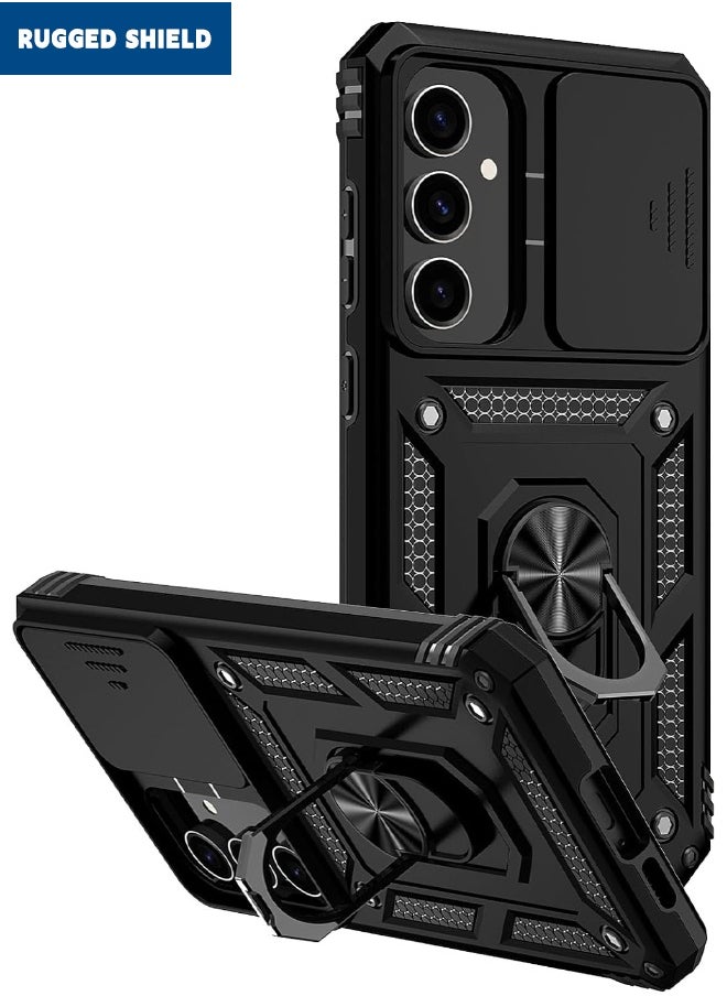 RUGGED SHIELD Samsung Galaxy S24 FE Cover, Slide Camera Cover, Built-in 360° Rotate Ring Kickstand, Shockproof Drop Proof Protection, Heavy Duty Shockproof Protective Case for Samsung Galaxy S24 FE 5G 6.7 inch, Black  - Image 1