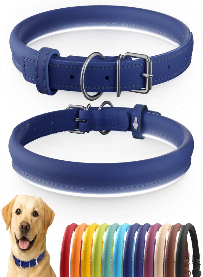 CollarDirect Reflective Rolled Leather Dog Collar, Soft Padded Round Puppy Collar, Handmade Genuine Leather Collar Dog Small Large Cat Collars 13 Colors (15-19 Inch, Deep Blue Reflective) - Image 1