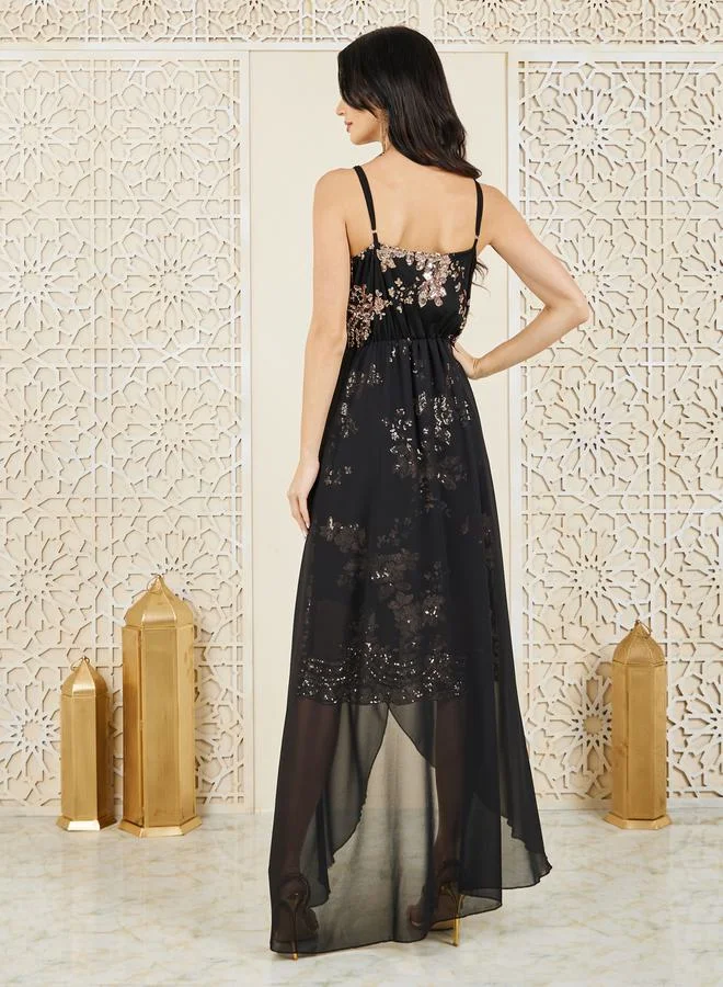 ستايلي Sequin Detail Asymmetric Hem Overlay A-Line Maxi Dress