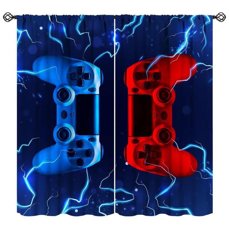 JanJCurt Modern Game Curtains  Video Games Window Curtains for Boys Bedroom 3D Red Blue Gamepad with Lightning Window Treatments for Kids Gamer Room Living Room  42x45inch (No Blackout)  - Image 1