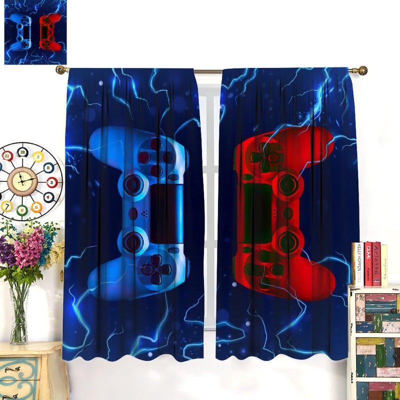 JanJCurt Modern Game Curtains  Video Games Window Curtains for Boys Bedroom 3D Red Blue Gamepad with Lightning Window Treatments for Kids Gamer Room Living Room  42x45inch (No Blackout)  - Image 3