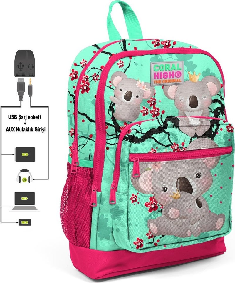 CORAL HIGH Kids Four Compartment Neon Coral Primary School Bag with USB Charging and Headphone Output 23813