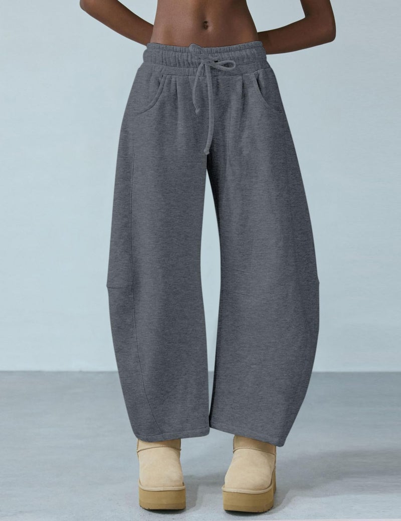 HeSaYep Women's Barrel Leg Sweatpants Drawstring Wide Leg Lounge Pants Baggy Casual Cotton Sweat Pants with Pockets,Dark Grey L - Image 2