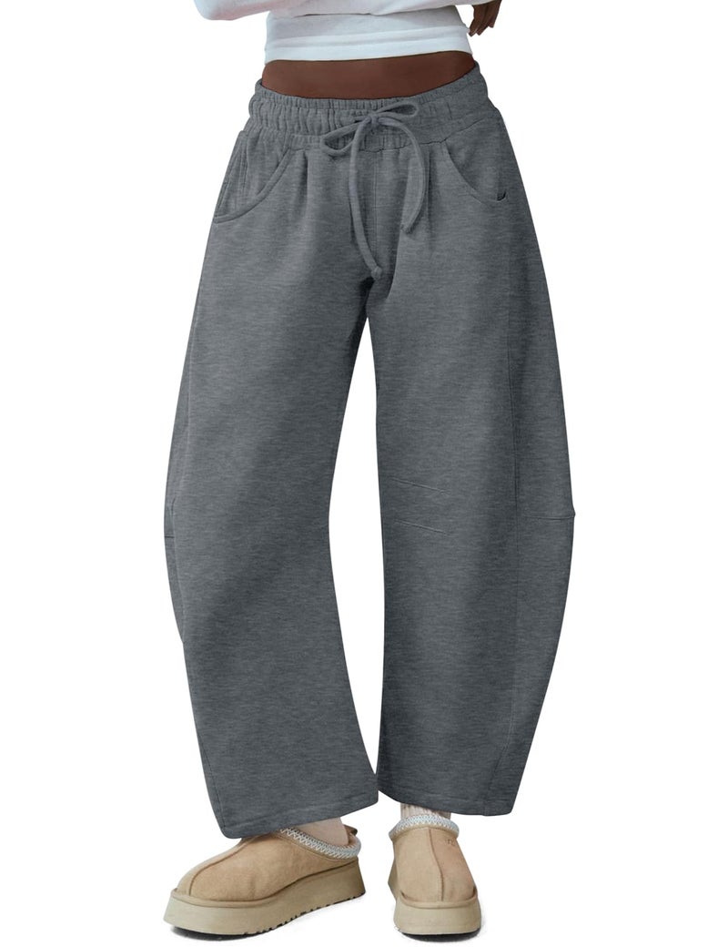 HeSaYep Women's Barrel Leg Sweatpants Drawstring Wide Leg Lounge Pants Baggy Casual Cotton Sweat Pants with Pockets,Dark Grey L - Image 1