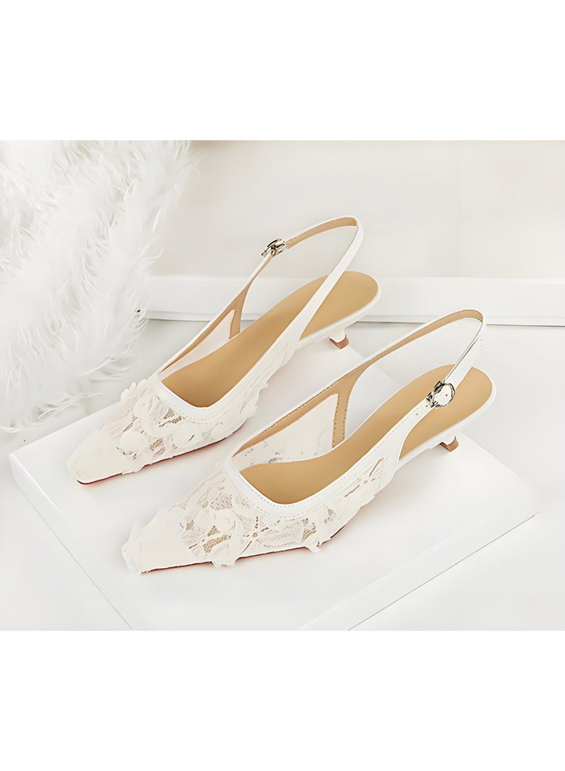 BIGTREE Women's Lace Mesh Closed Pointed Toe Kitten Heel Pumps Slingback Low Heels Sandal White 3CM - Image 1
