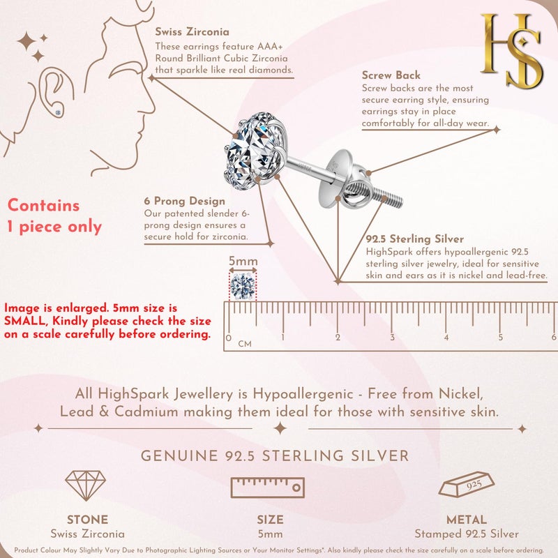 HighSpark 925 Silver Solitaire Screwback Stud Earring | 92.5 Sterling Silver & Diamond Like Brilliance Zirconia Top | Single Stud for Men | 5mm - Image 2