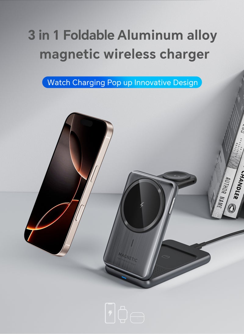 DC-ITECH Upgraded 3-in-1 Wireless Charger for iPhone,Travel Magnetic Charger Stand Foldable Wireless Charging Station Compatible with Magsafe Charger&iPhone 16/15/14/13/12,Apple Watch&AirPodsç - Image 2