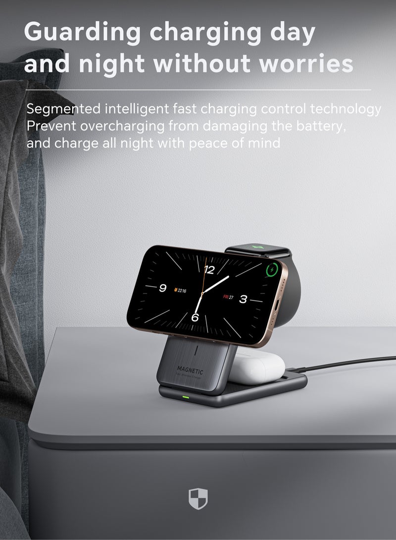 DC-ITECH Upgraded 3-in-1 Wireless Charger for iPhone,Travel Magnetic Charger Stand Foldable Wireless Charging Station Compatible with Magsafe Charger&iPhone 16/15/14/13/12,Apple Watch&AirPodsç - Image 3