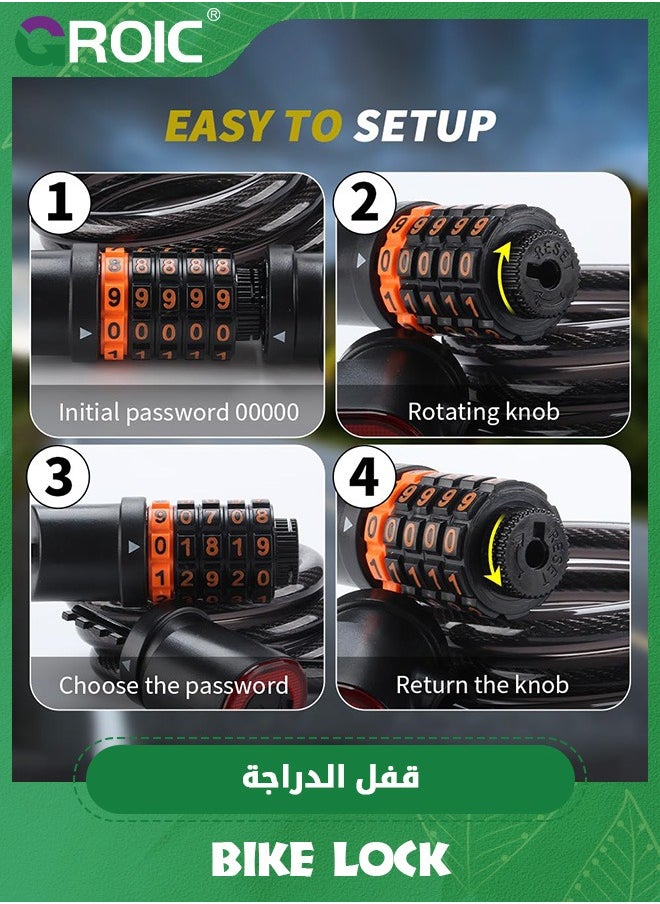 GROIC - كابل قفل الدراجة، ضوء خلفي مدمج للدراجة، قفل رقمي مع دعامة تثبيت للدراجات النارية والدراجات البخارية، قفل دراجة مضاد للسرقة - Image 1