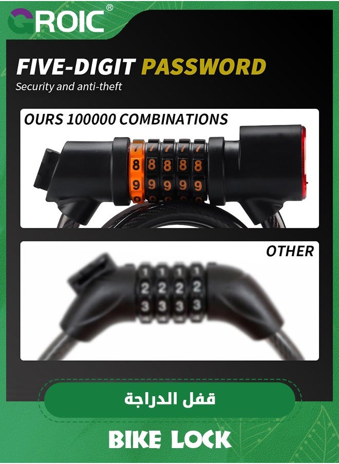 GROIC - كابل قفل الدراجة، ضوء خلفي مدمج للدراجة، قفل رقمي مع دعامة تثبيت للدراجات النارية والدراجات البخارية، قفل دراجة مضاد للسرقة - Image 1