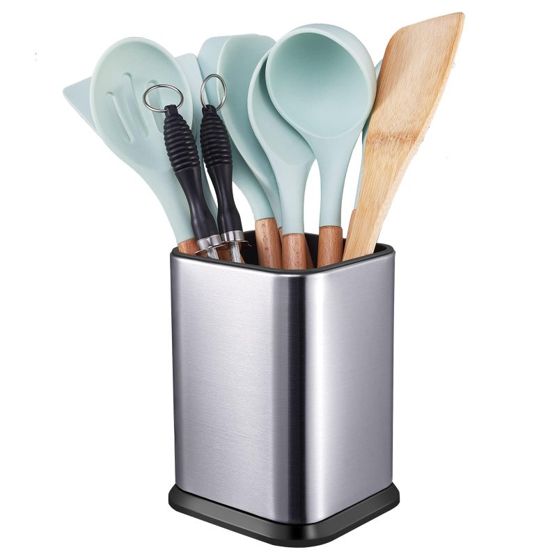 RedCall Stainless Steel Kitchen Utensil Holder for Countertop, Spoon Spatula Organizer,Modern Rectangular Large Cooking Utensil Caddy Counter,Utensil Crock Silver - Image 1