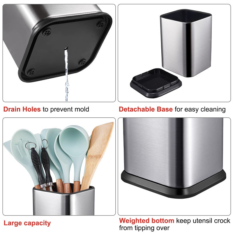 RedCall Stainless Steel Kitchen Utensil Holder for Countertop, Spoon Spatula Organizer,Modern Rectangular Large Cooking Utensil Caddy Counter,Utensil Crock Silver - Image 3