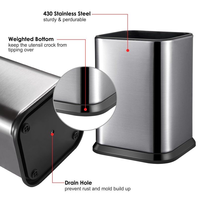 RedCall Stainless Steel Kitchen Utensil Holder for Countertop, Spoon Spatula Organizer,Modern Rectangular Large Cooking Utensil Caddy Counter,Utensil Crock Silver - Image 4