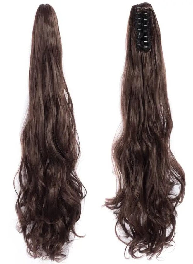 Ashkash Ponytail Extensions Claw Clip Drawstring False Pigtail 22 Inch Synthetic Curly Wavy False Tail Hairpiece Pony Attached - Brown - Image 2