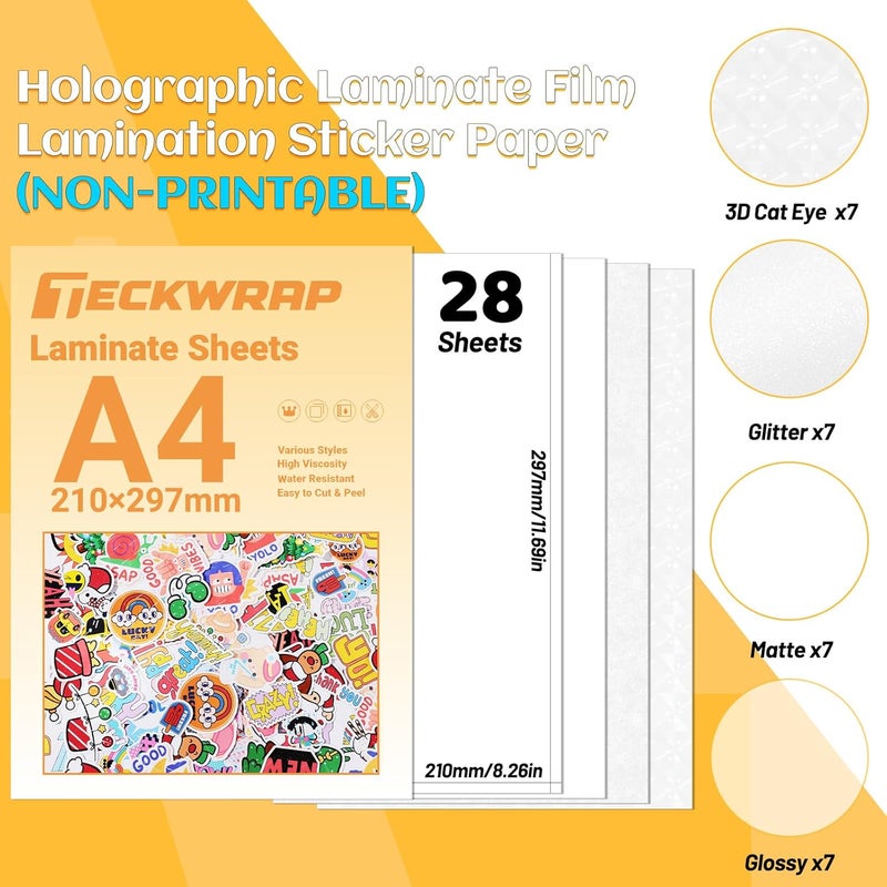 Self Adhesive Laminating Sheets Clear Sticker Paper for Inkjet Printable Vinyl Clear Overlay Photo Paper Lamination Sheets 8.26" x 11.69" A4 Size 28 sheets(3D Cat Eye, Glitter, Glossy, Matte) - Image 2