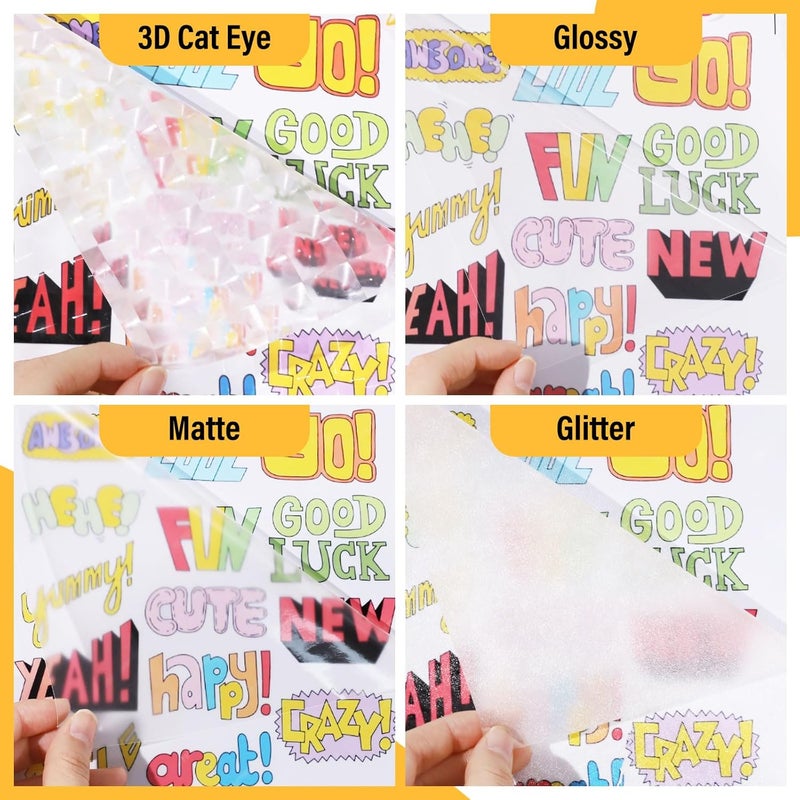 Self Adhesive Laminating Sheets Clear Sticker Paper for Inkjet Printable Vinyl Clear Overlay Photo Paper Lamination Sheets 8.26" x 11.69" A4 Size 28 sheets(3D Cat Eye, Glitter, Glossy, Matte) - Image 3
