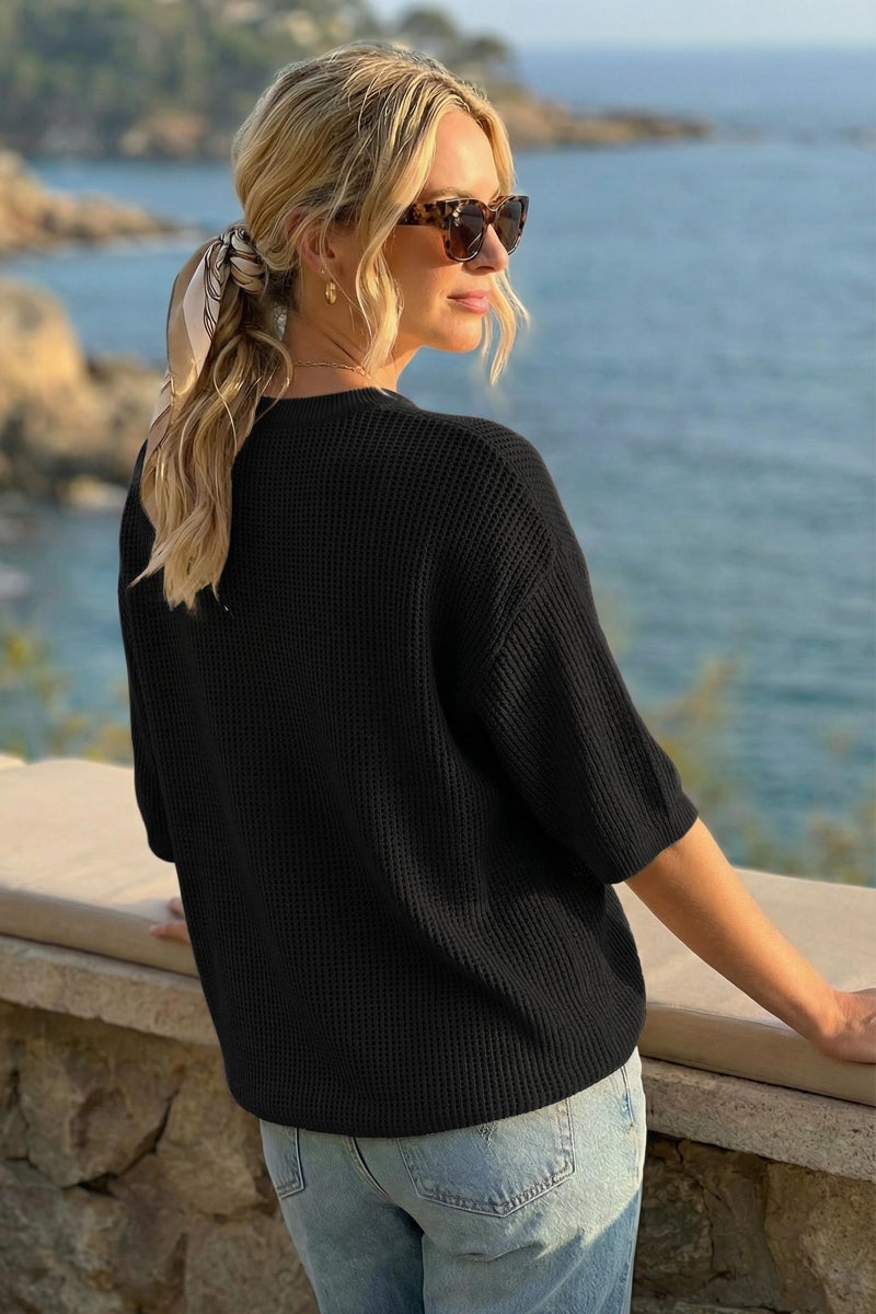 Arach&Cloz 2026 Women's Cotton Spring Summer Crochet Tops Crew Neck 3/4 Half Drop Short Sleeve Hollow Out Oversized Resort Wear Sweater Casual Vacation Outfits Fashion Trendy Shirts Black S - Image 3