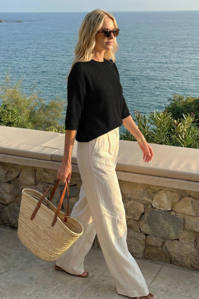 Arach&Cloz 2026 Women's Cotton Spring Summer Crochet Tops Crew Neck 3/4 Half Drop Short Sleeve Hollow Out Oversized Resort Wear Sweater Casual Vacation Outfits Fashion Trendy Shirts Black S - Image 5