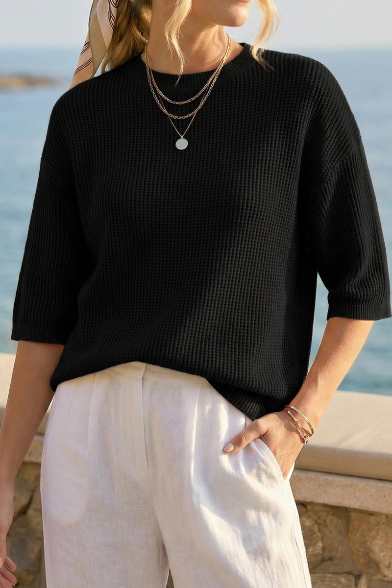 Arach&Cloz 2026 Women's Cotton Spring Summer Crochet Tops Crew Neck 3/4 Half Drop Short Sleeve Hollow Out Oversized Resort Wear Sweater Casual Vacation Outfits Fashion Trendy Shirts Black S - Image 2