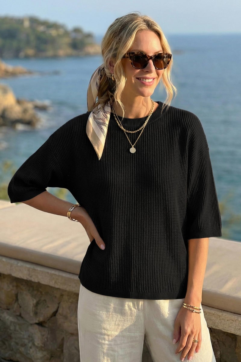 Arach&Cloz 2026 Women's Cotton Spring Summer Crochet Tops Crew Neck 3/4 Half Drop Short Sleeve Hollow Out Oversized Resort Wear Sweater Casual Vacation Outfits Fashion Trendy Shirts Black S - Image 4