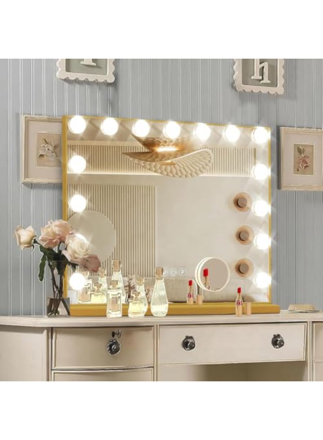 Ratsamee Gold Hollywood Vanity Mirror with Lights 15 Dimmable Bulbs 3 Color LightsMake Up Lighted Mirror Aluminum Metal Frame USB Charging Port23 x 18 - Image 1