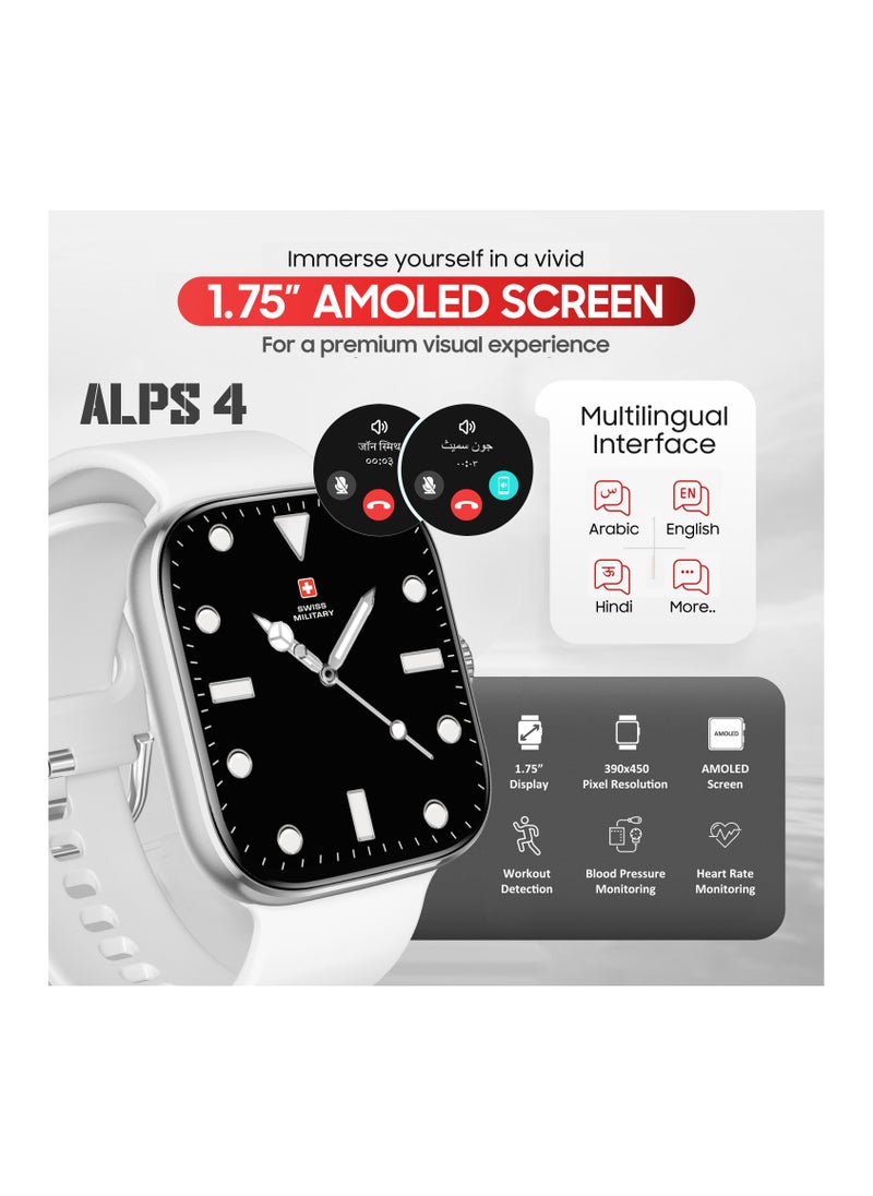 SWISS MILITARY - Swiss Military ALPS4 Smartwatch 1.75" AMOLED, Bluetooth Calling, Multi Language, Fitness Tracking, Wireless Charging, 7 Days Battery, IP67, iOS/Android Compatible, Silver Frame & White Silicon Strap - Image 1