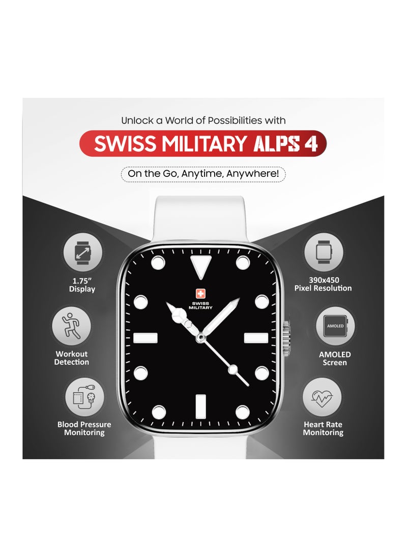 SWISS MILITARY - Swiss Military ALPS4 Smartwatch 1.75" AMOLED, Bluetooth Calling, Multi Language, Fitness Tracking, Wireless Charging, 7 Days Battery, IP67, iOS/Android Compatible, Silver Frame & White Silicon Strap - Image 1