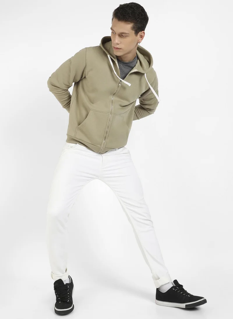 Campus Sutra Men's Beige Zip-Front Hoodie With Contrast Drawstring