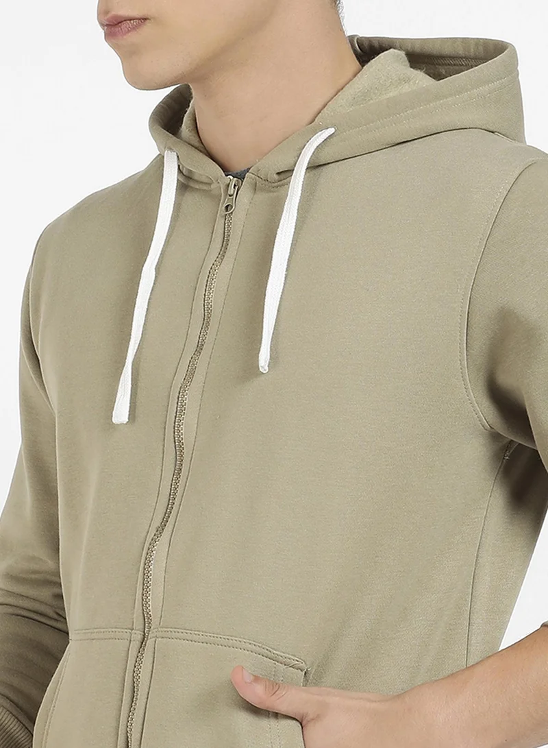 Campus Sutra Men's Beige Zip-Front Hoodie With Contrast Drawstring