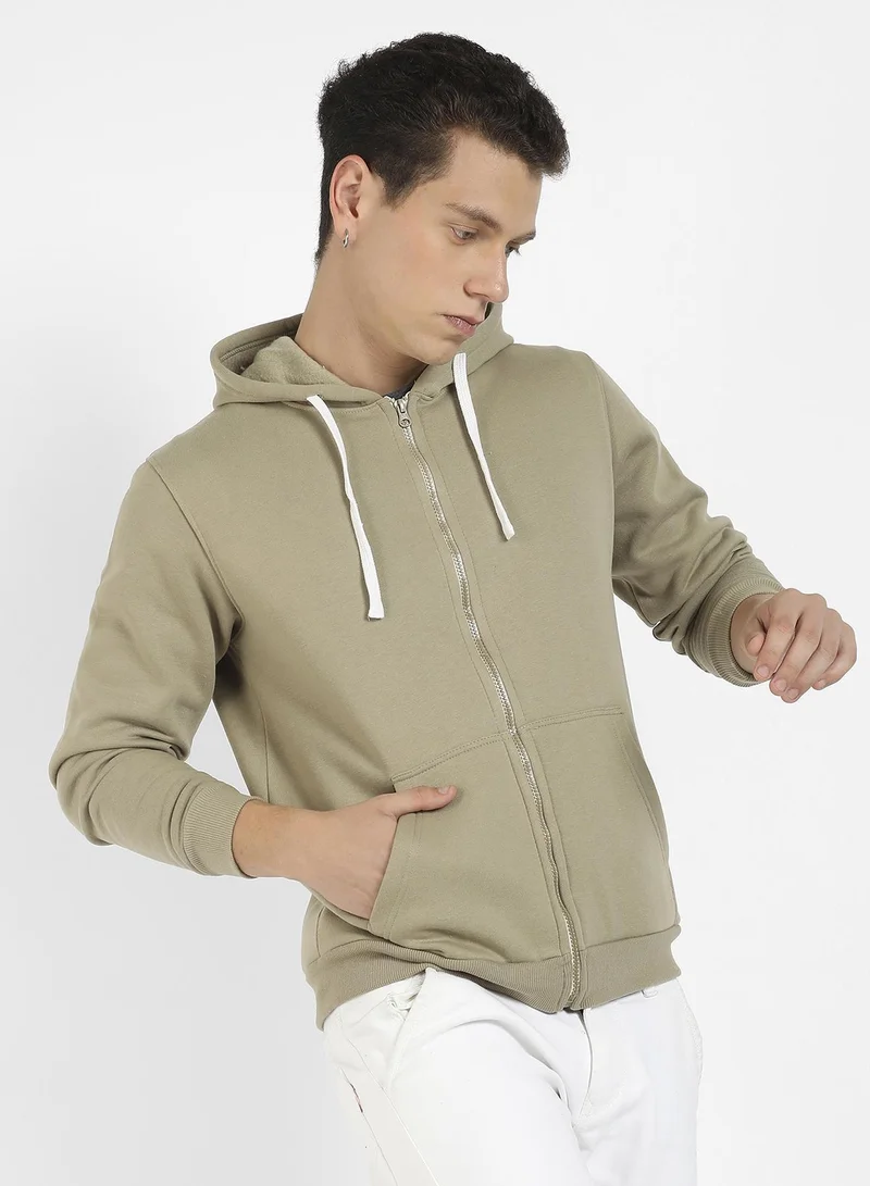 Campus Sutra Men's Beige Zip-Front Hoodie With Contrast Drawstring