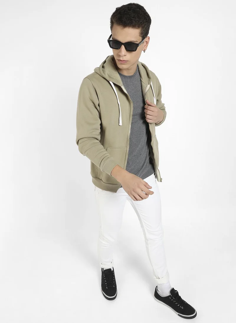 Campus Sutra Men's Beige Zip-Front Hoodie With Contrast Drawstring