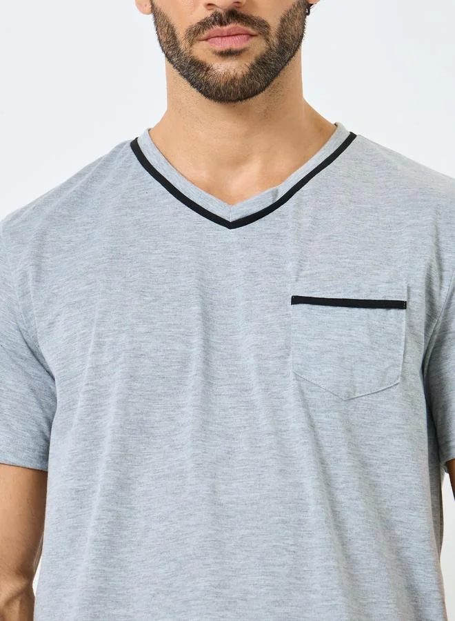 Styli Styli Men Grey V Neck T-Shirt and Piping Detail Shorts Set