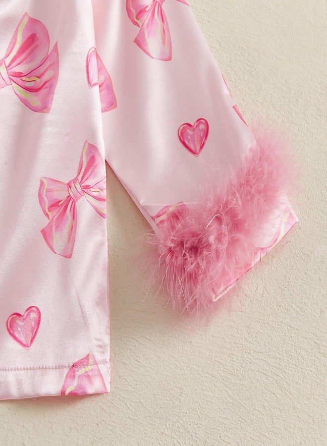 Douhoow Toddler Baby Girls Silk Satin Pajamas Set Feather Trim Long Sleeve Botton Shirt Tops Pajama Pant Fuzzy Lounge Pjs (Pink Bow&Heart, 4-5 Years) - Image 5