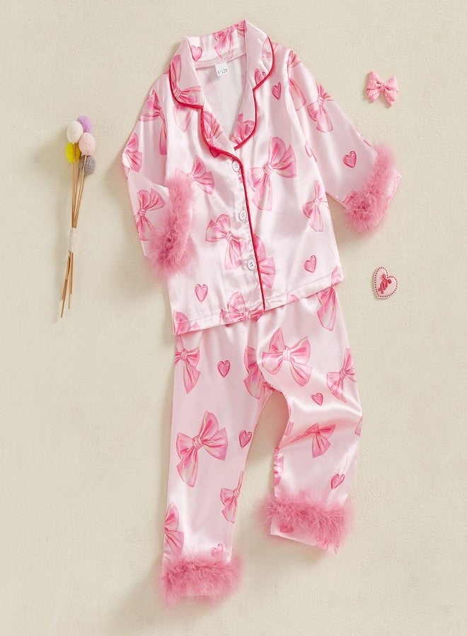 Douhoow Toddler Baby Girls Silk Satin Pajamas Set Feather Trim Long Sleeve Botton Shirt Tops Pajama Pant Fuzzy Lounge Pjs (Pink Bow&Heart, 4-5 Years) - Image 2
