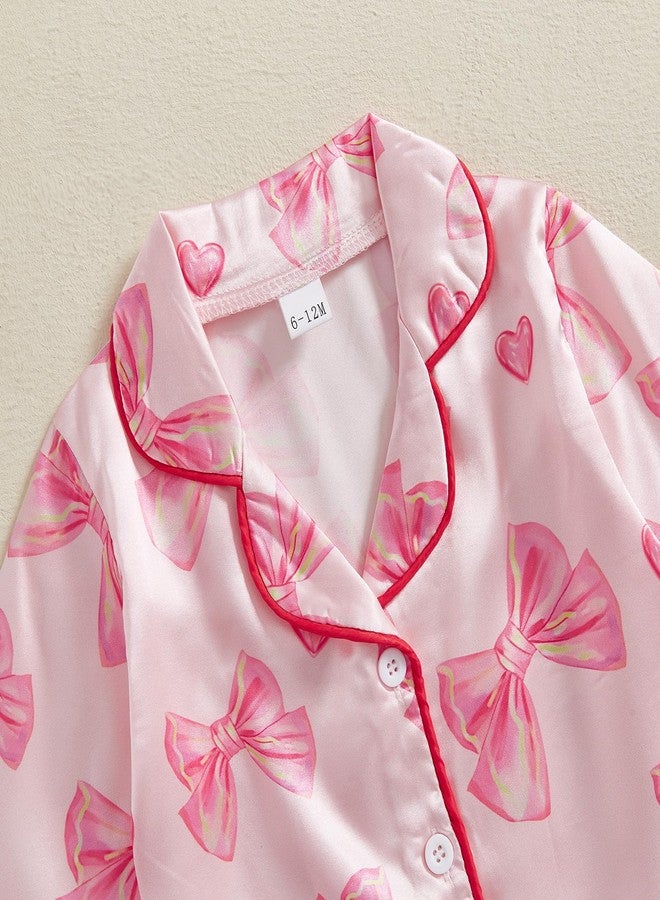 Douhoow Toddler Baby Girls Silk Satin Pajamas Set Feather Trim Long Sleeve Botton Shirt Tops Pajama Pant Fuzzy Lounge Pjs (Pink Bow&Heart, 4-5 Years) - Image 4