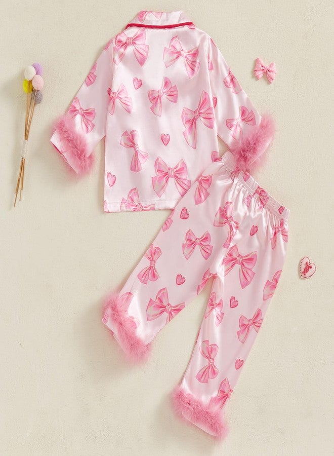 Douhoow Toddler Baby Girls Silk Satin Pajamas Set Feather Trim Long Sleeve Botton Shirt Tops Pajama Pant Fuzzy Lounge Pjs (Pink Bow&Heart, 4-5 Years) - Image 3